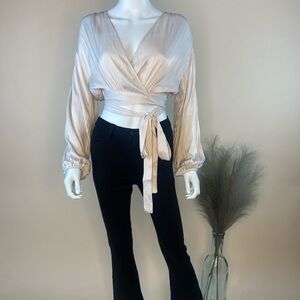 By Together Cream Wrap Blouse with Black Pants